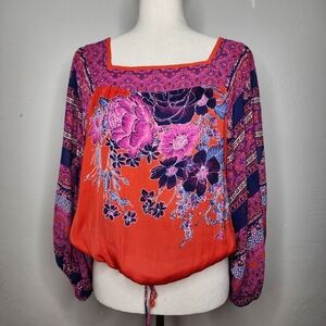 FREE PEOPLE Blue Nile Printed Floral Balloon Sleeve Top Size Small